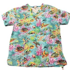 Vintage Ocean Marine Life Sea Turtle Scrub Top